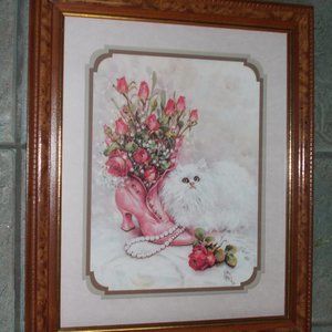 EUC  Kitten & Floral  Still Life,Signed Matted & Framed approximately 19.5:x23.5